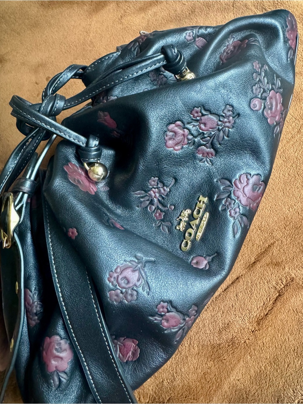 Authentic Coach FAYE Black Floral-Embossed Leather Drawstring Shoulder Bag